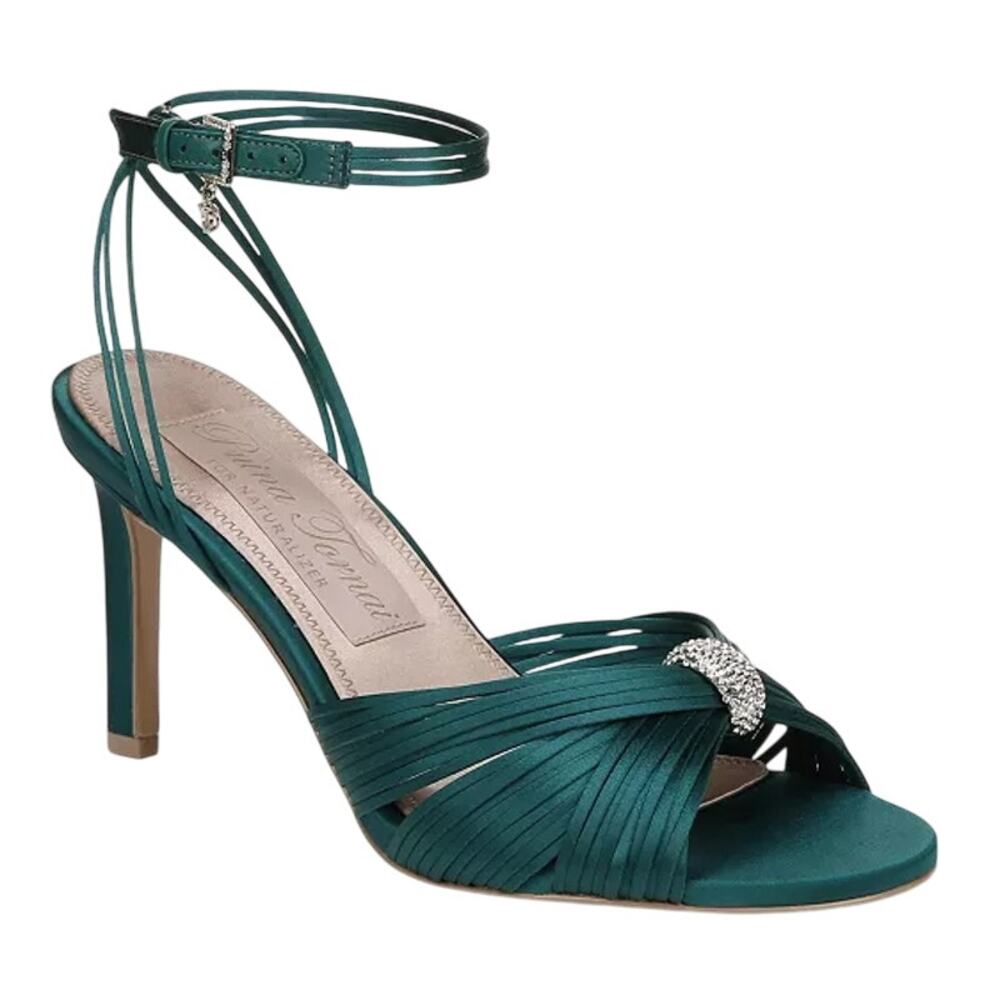Naturalizer Teal Strappy Satin High Heel Sandals with Rhinestone Accent